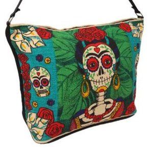 NEW~Frida Kahlo Cotton Stencil Print Purse/Shoulder Bag Day of the Dead